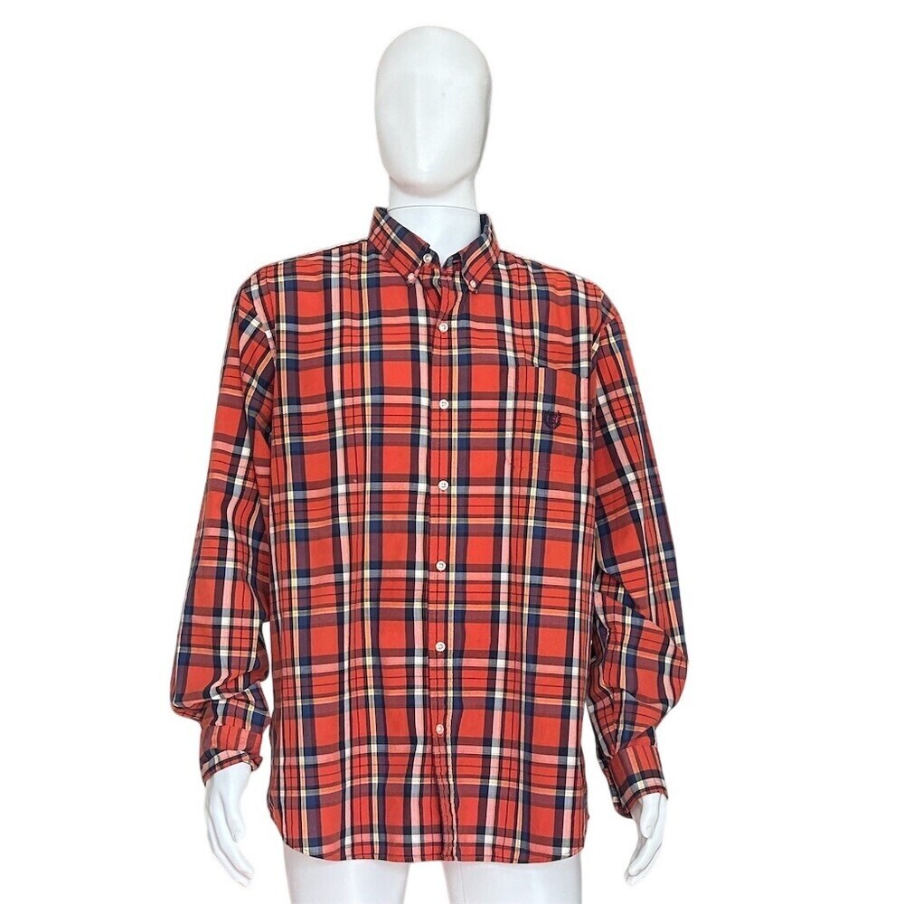 Chaps Easy Care Shirt Mens 2XL Red Orange Navy Plaid Button-Down LS - Picture 10 of 11